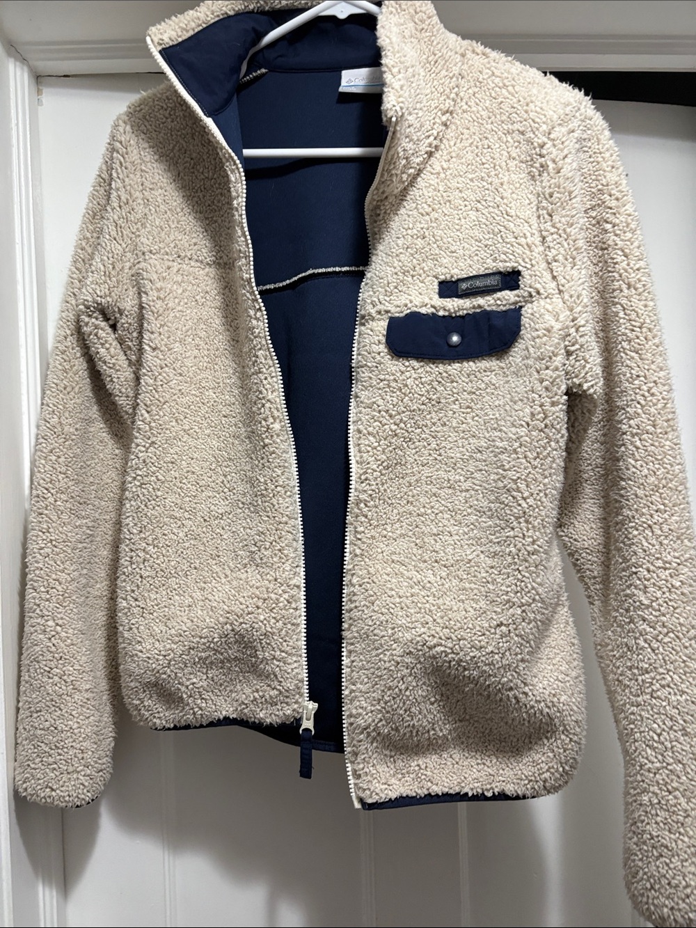 Columbia Cream Sherpa Jacket with Navy Accents
